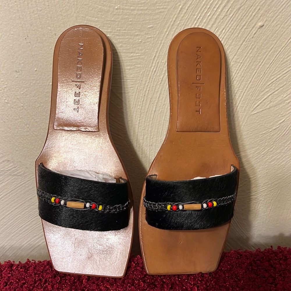 Naked feet square toe slides flat sandals 6.5